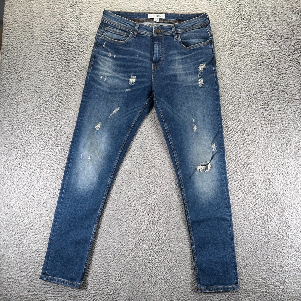 Fashion Nova Jeans Mens 32x30 Blue Cotton Denim Skinny Distressed Faded Stretch